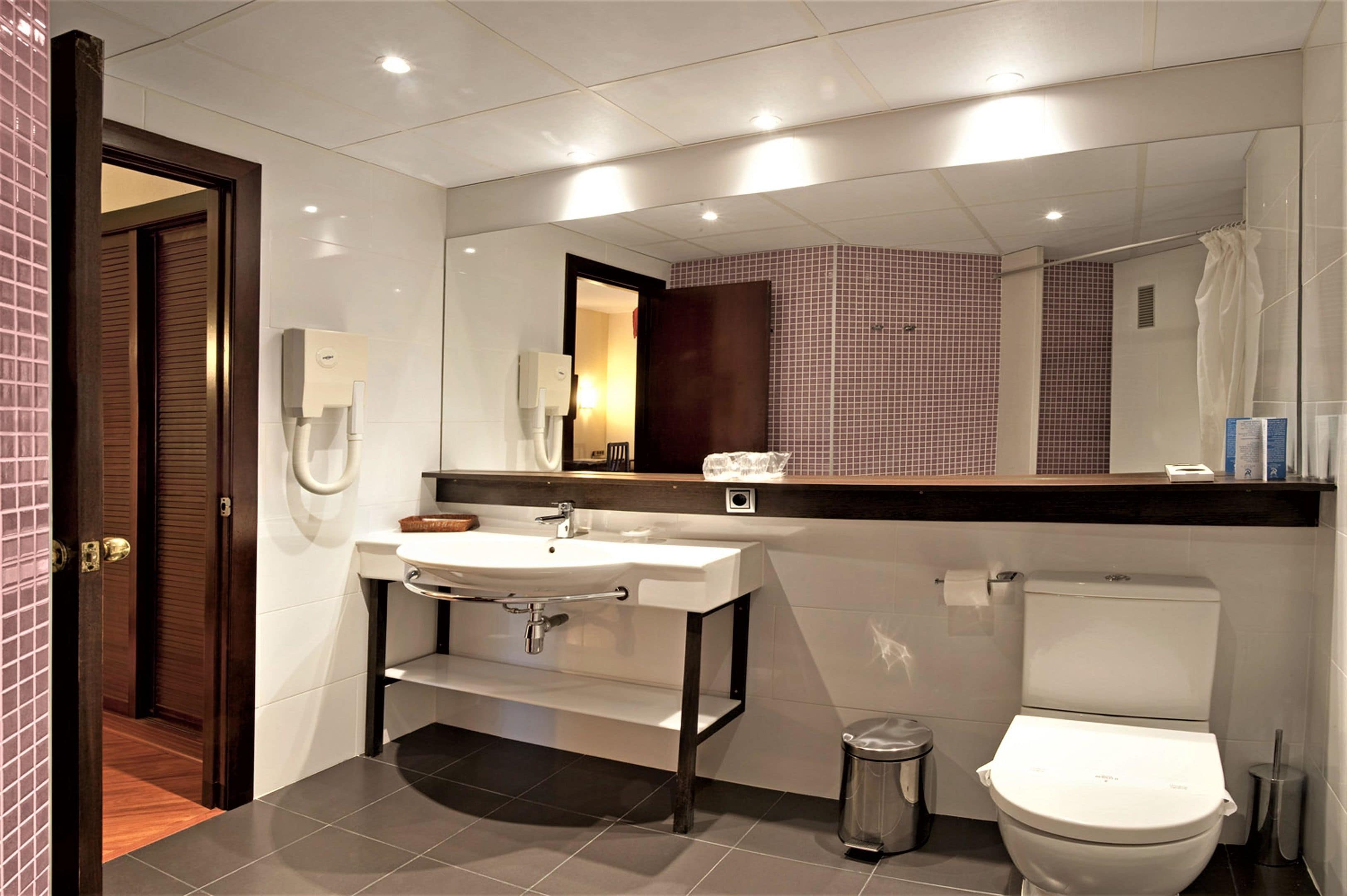 A modern bathroom with a sink, mirror, toilet, and trash can.