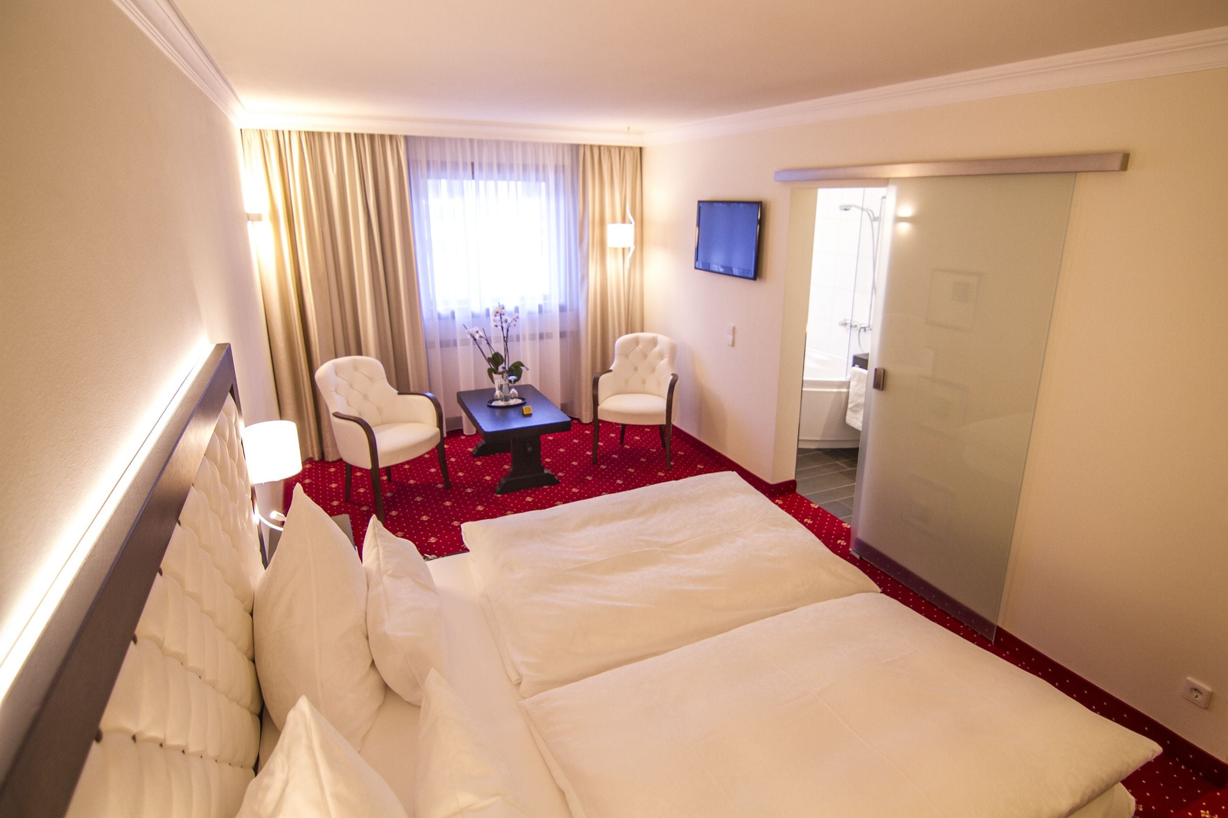 Et hotelværelse med en stor seng, to stole, et lille bord med en vase, et fjernsyn på væggen og en dør til et badeværelse.