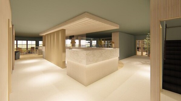 A modern interior with a central reception desk, a high ceiling, and a view of the outdoors through large windows. - Maritim Fjordhotell (Flekkefjord)