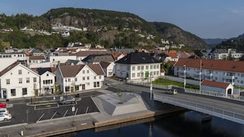 Un pueblo a orillas del río con edificios, un puente y un muelle.