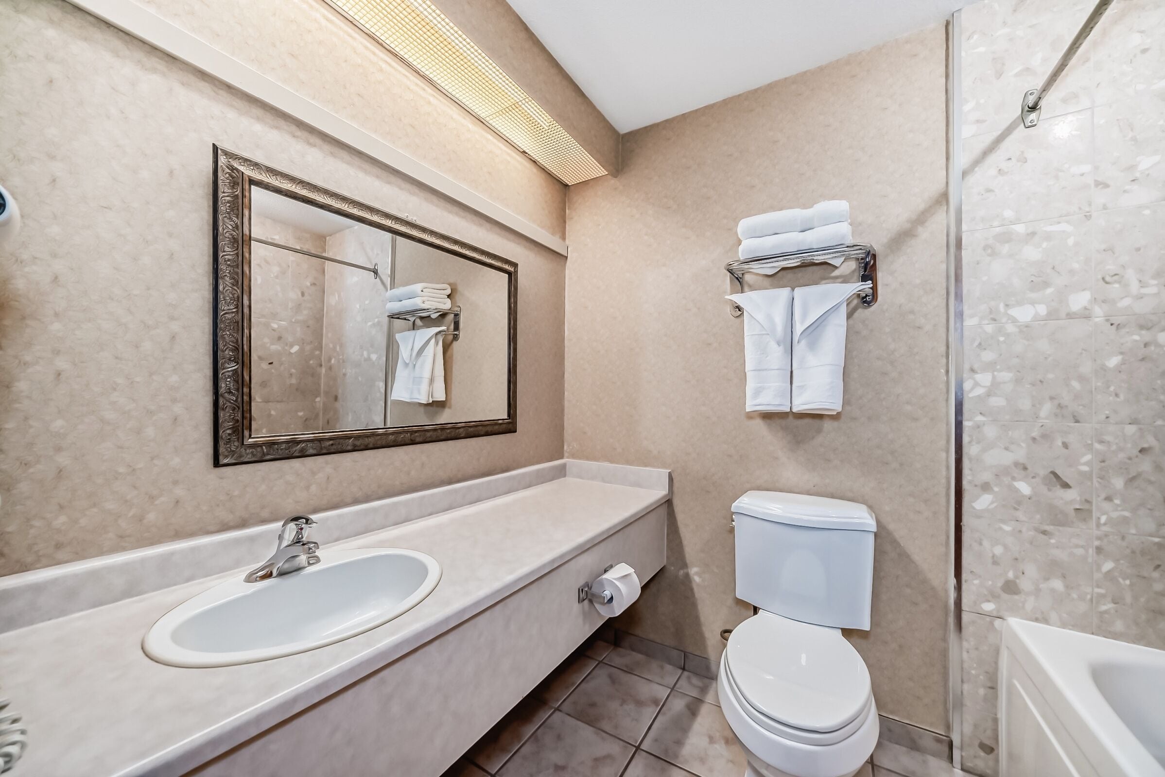 Une salle de bain moderne avec un grand miroir, un lavabo, des toilettes et un espace douche.