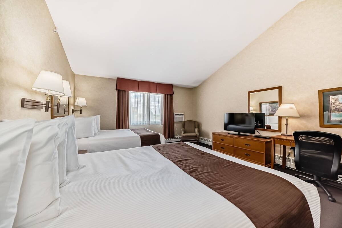 Une chambre d’hôtel avec deux lits, un bureau, une chaise, une télévision et un miroir.