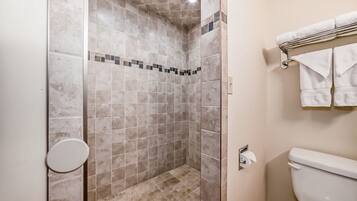 A bathroom with a shower area, a toilet, and a towel rack.