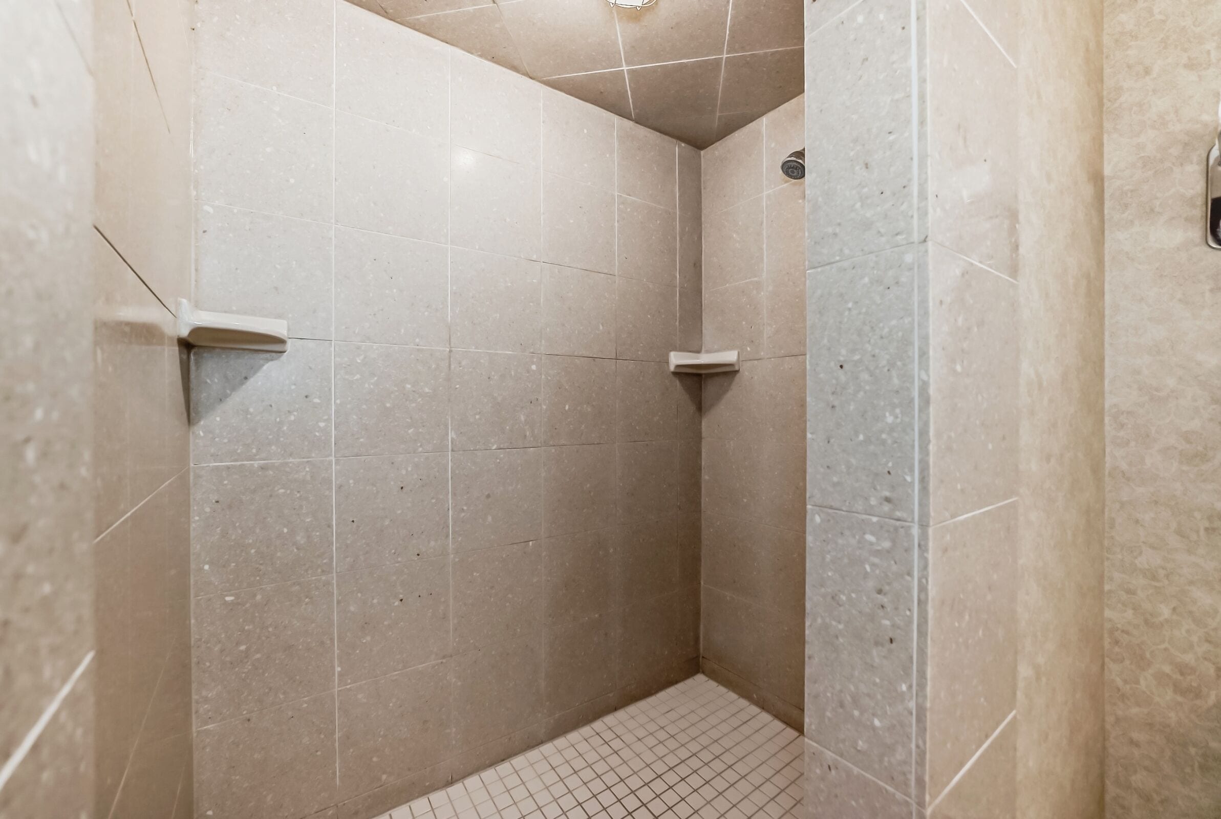 A small, tiled shower room with a grid floor and a corner showerhead.
