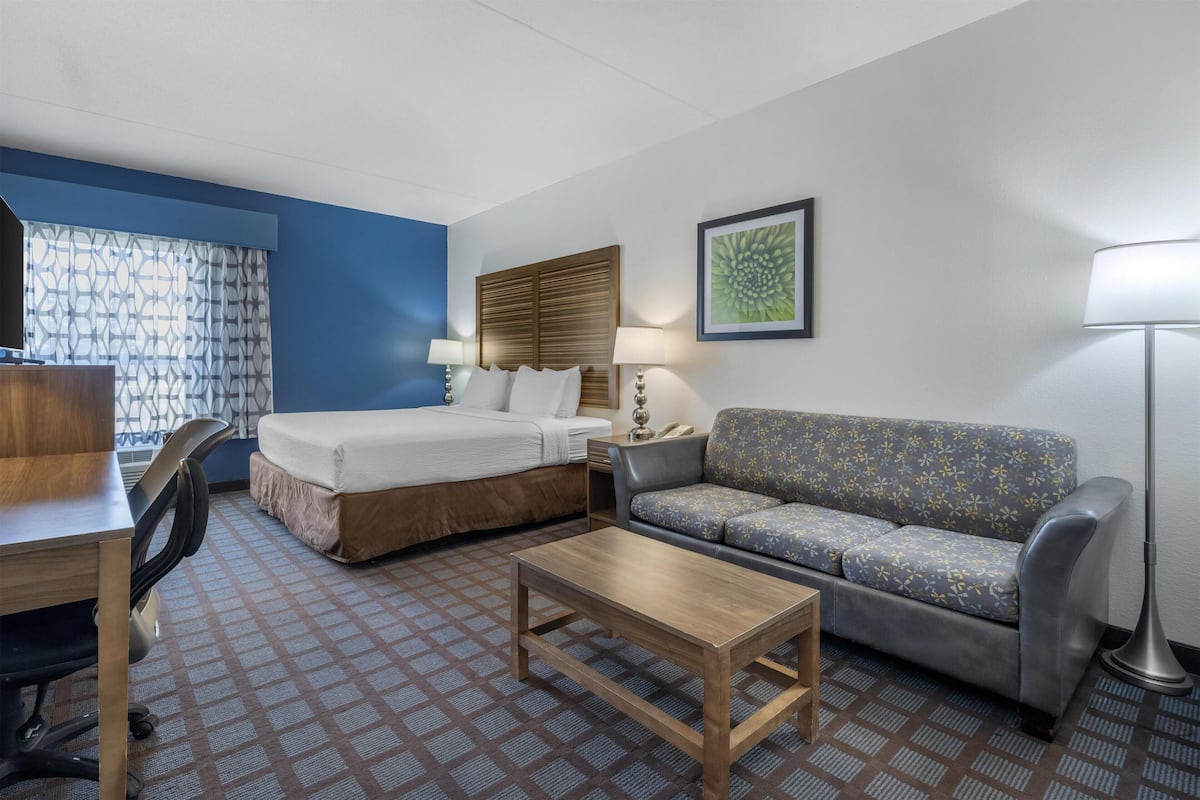 A hotel room with a bed, a sofa, a desk, and a lamp.