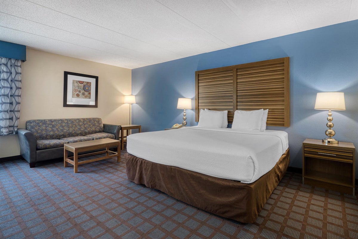 A hotel room with a large bed, a sofa, two bedside tables with lamps, a framed picture on the wall, and a patterned carpet.