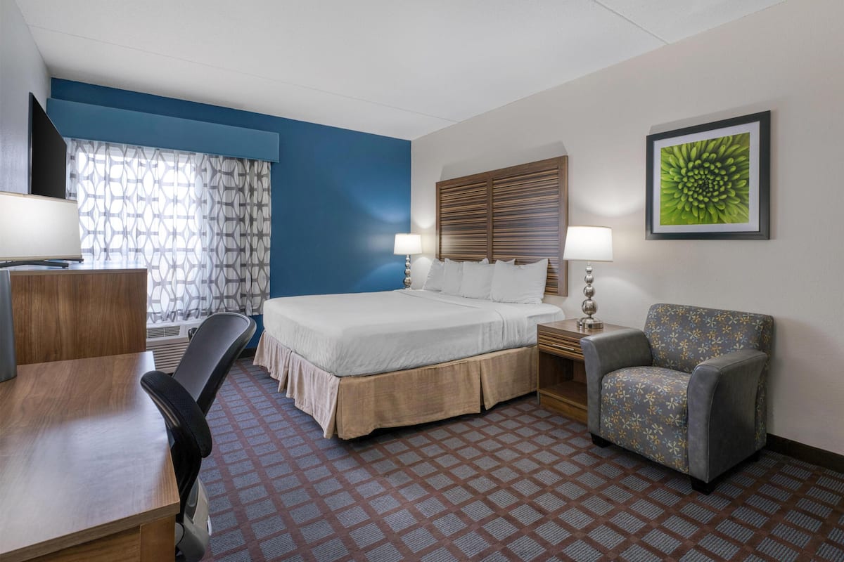 A hotel room with a bed, a desk, a chair, a TV, and a window with patterned curtains.