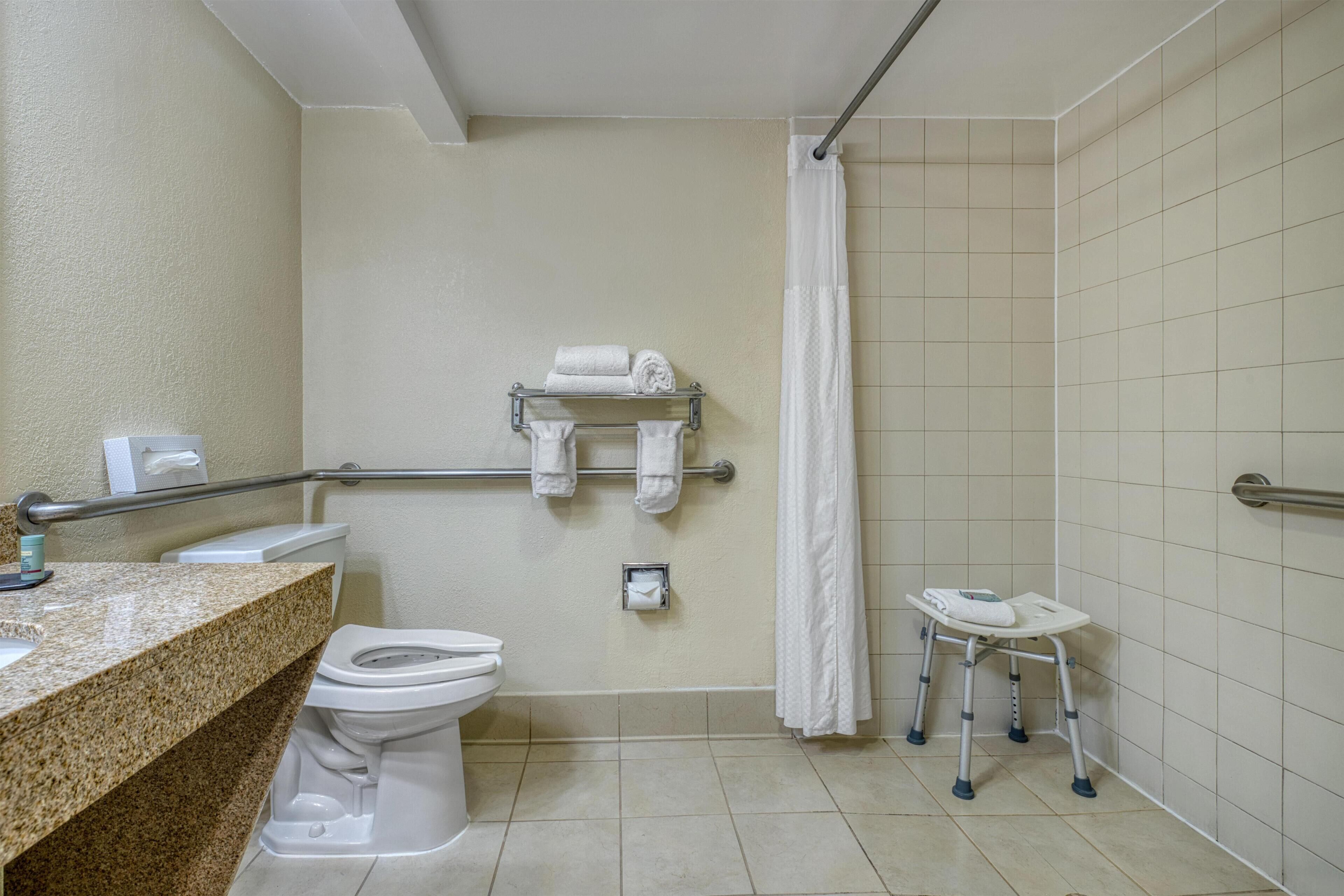 A bathroom with a toilet, a sink, a shower with a grab bar, and a small step stool.
