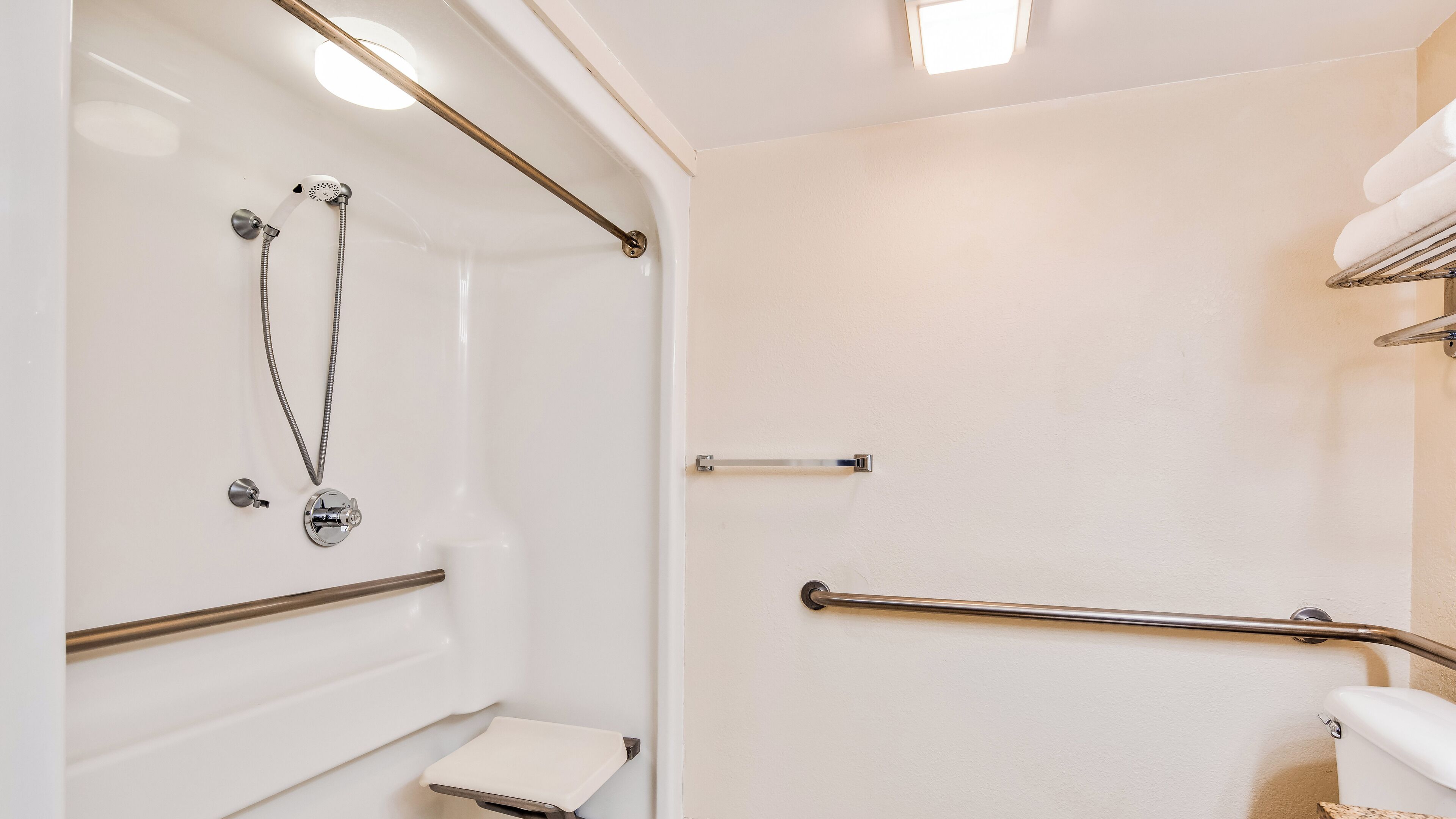 A modern bathroom with a walk-in shower, grab bars, and a toilet with a safety grab bar.