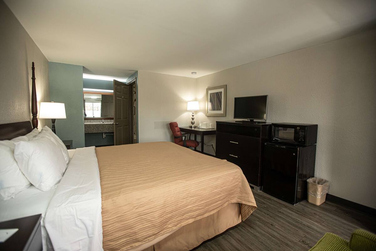 A hotel room with a bed, a desk, a chair, a television, and a microwave.