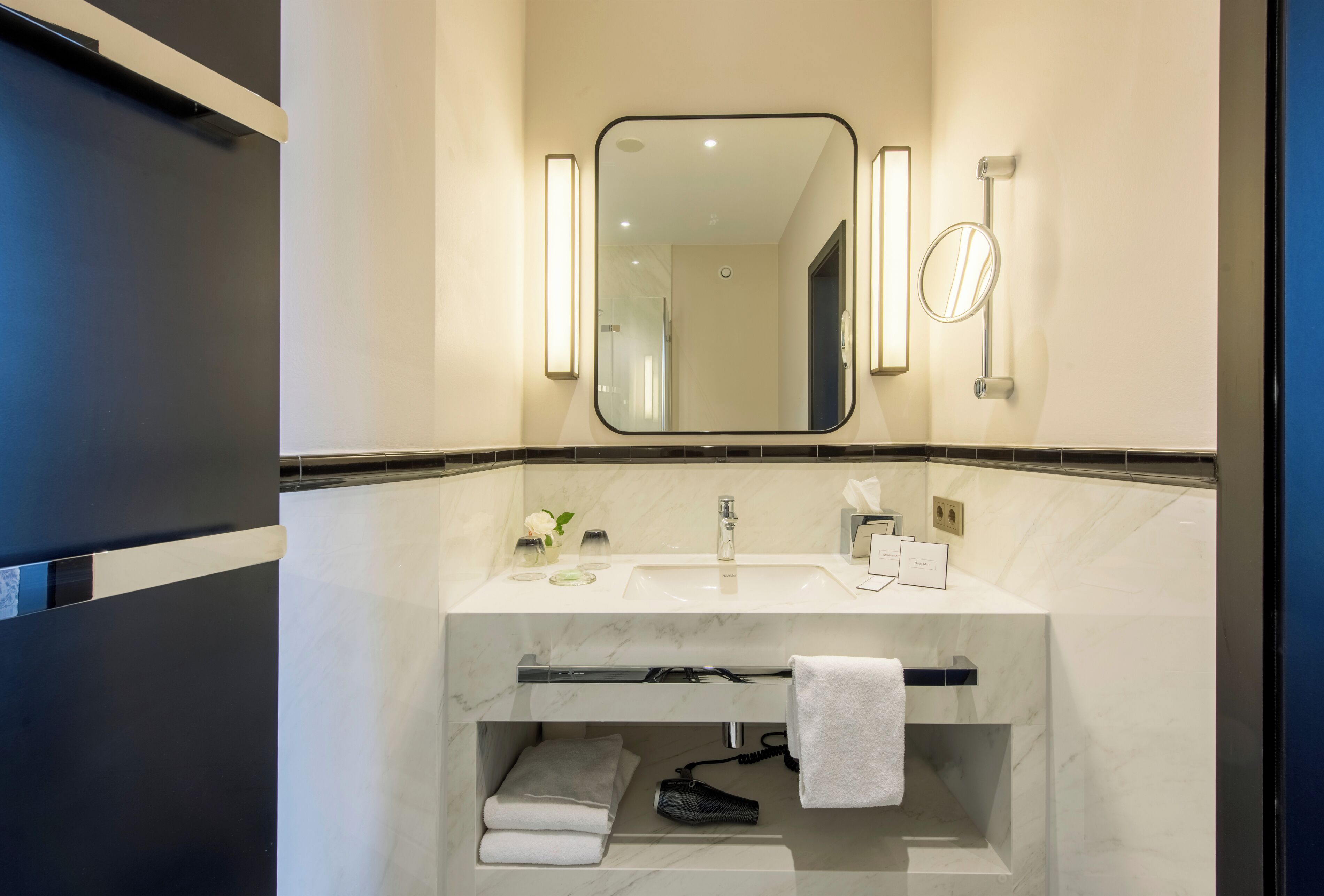 free toiletries, hair dryer, slippers, towels