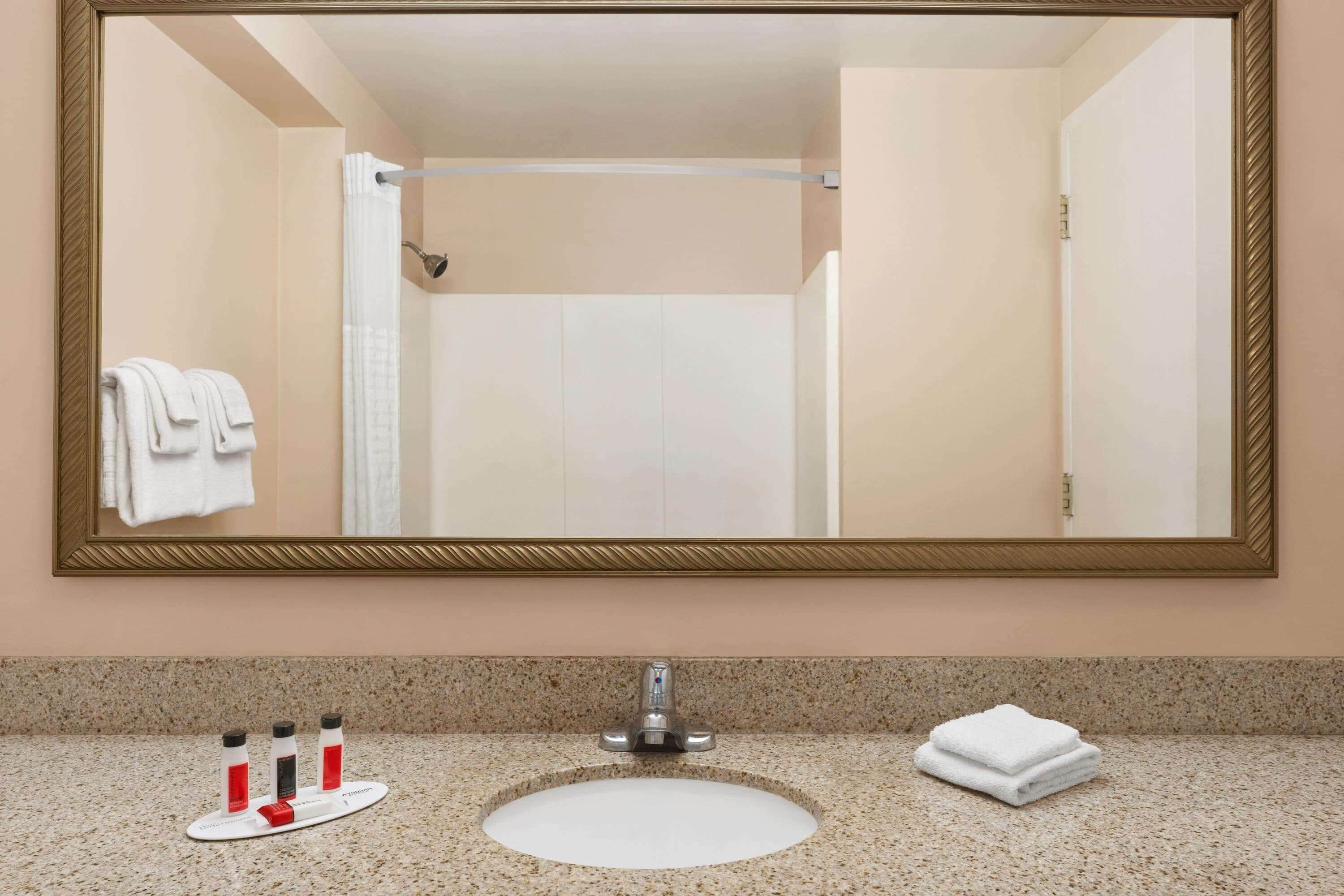 A bathroom with a large mirror, a sink, and a shower.