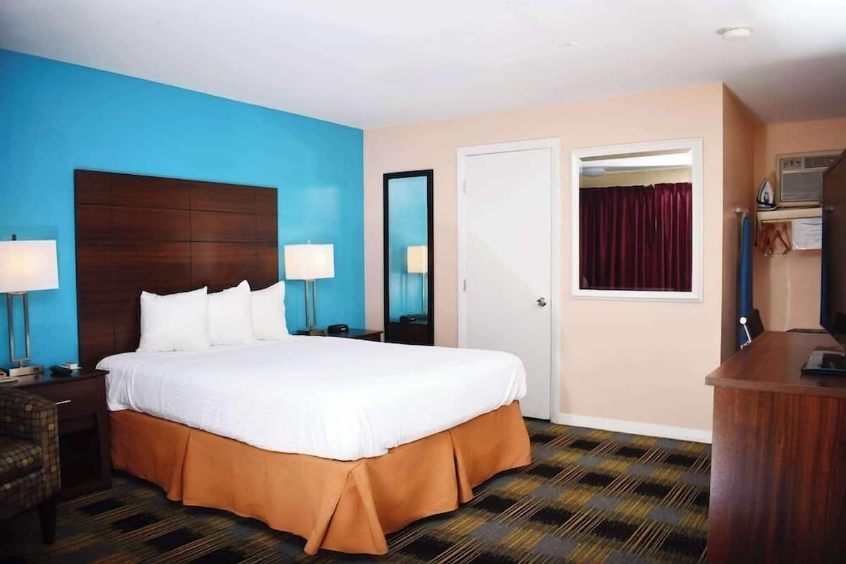 Habitación de hotel con una cama grande, una mesita de noche, un escritorio, una silla, un espejo, una puerta y una ventana con cortina.