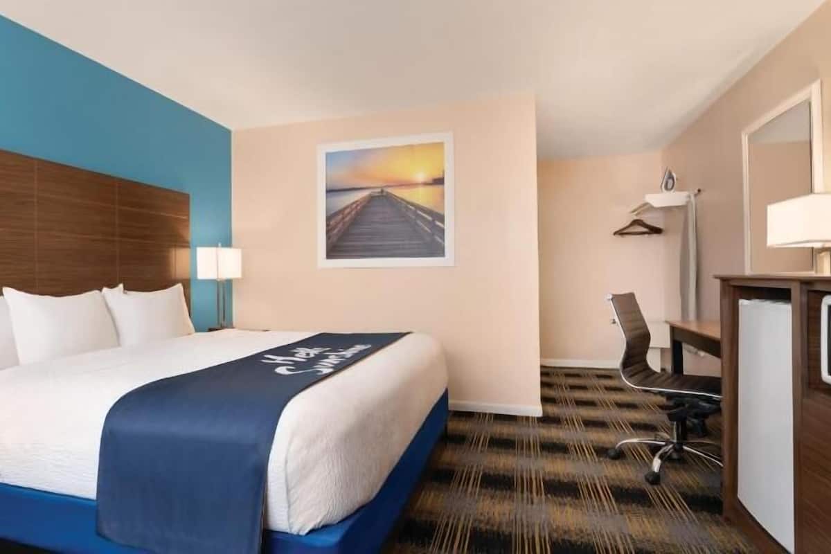 Una habitación de hotel con cama, escritorio, silla, televisor y un cuadro en la pared.