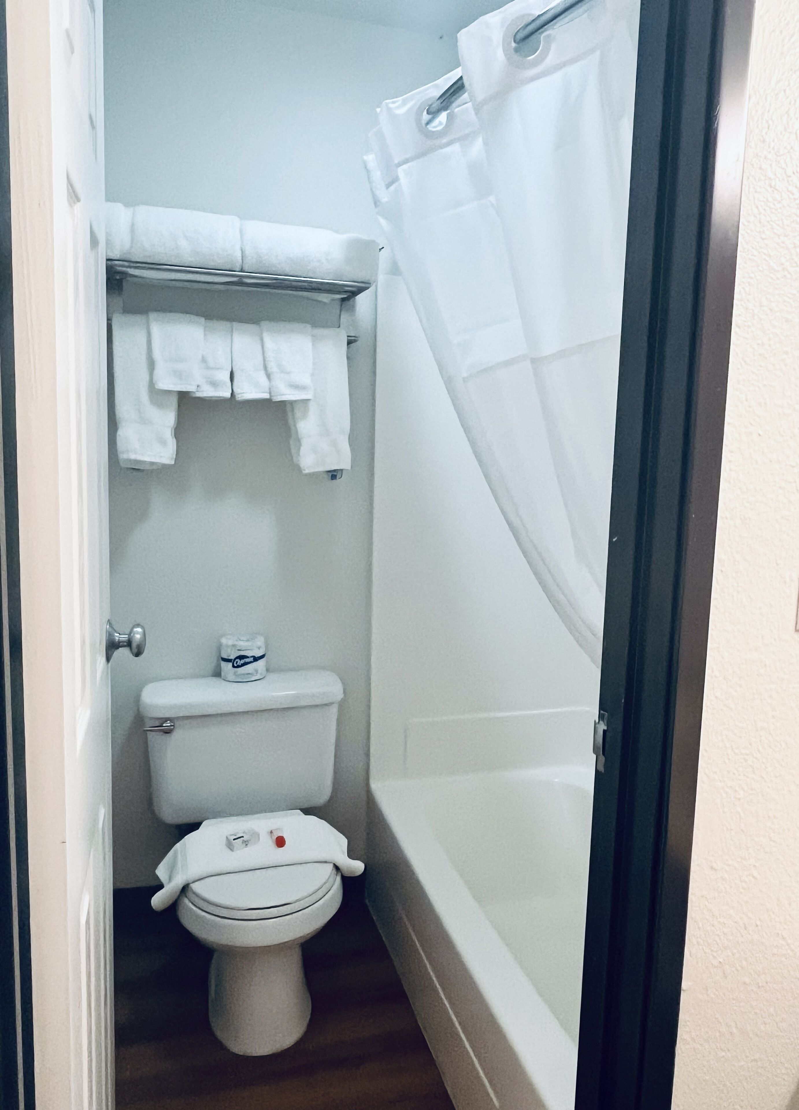Une petite salle de bain compacte, équipée de toilettes, d’une étagère avec des serviettes et d’un rideau de douche.