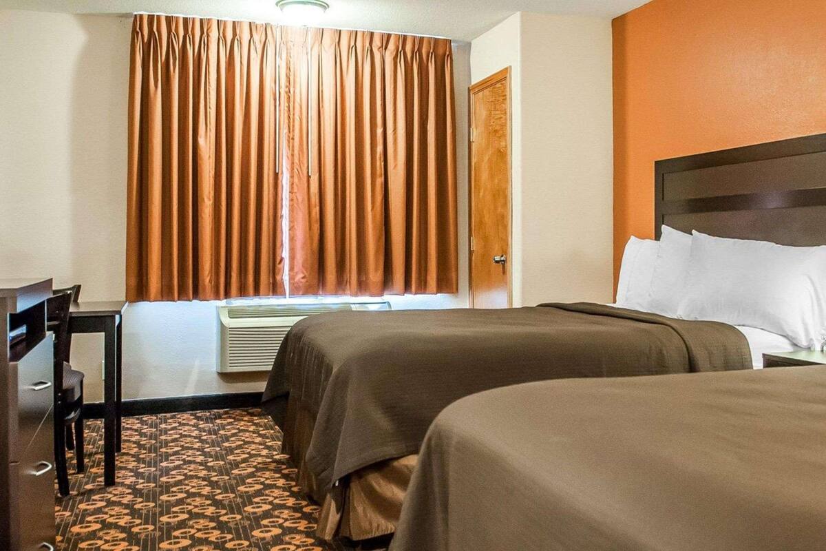 Una habitación de hotel con dos camas, un escritorio y una alfombra estampada.