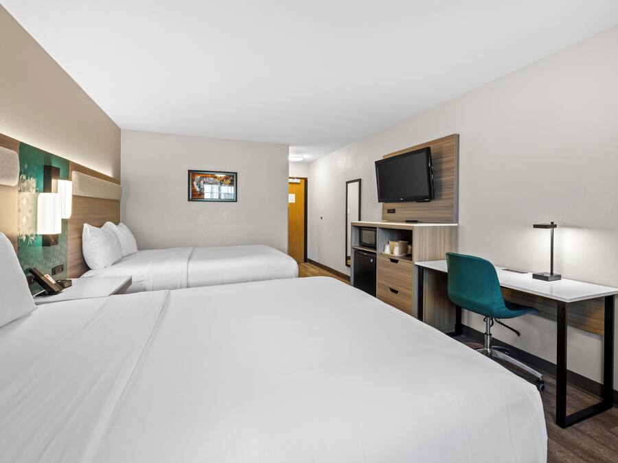 A hotel room with two beds, a desk, a chair, a TV, and a desk lamp.
