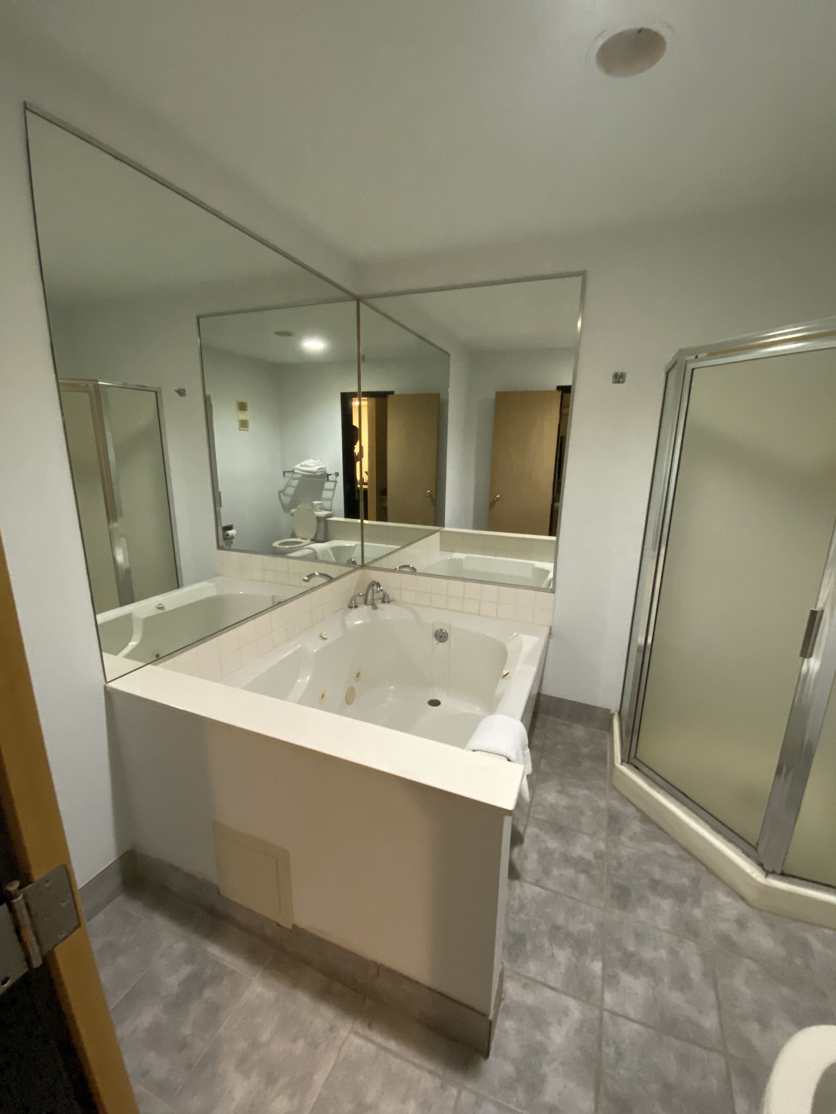 Une salle de bain moderne dotée d’une grande baignoire, d’un espace douche et d’un miroir qui reflète la pièce.