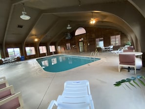 Indoor pool, open 7:00 AM to 9:00 PM, sun loungers