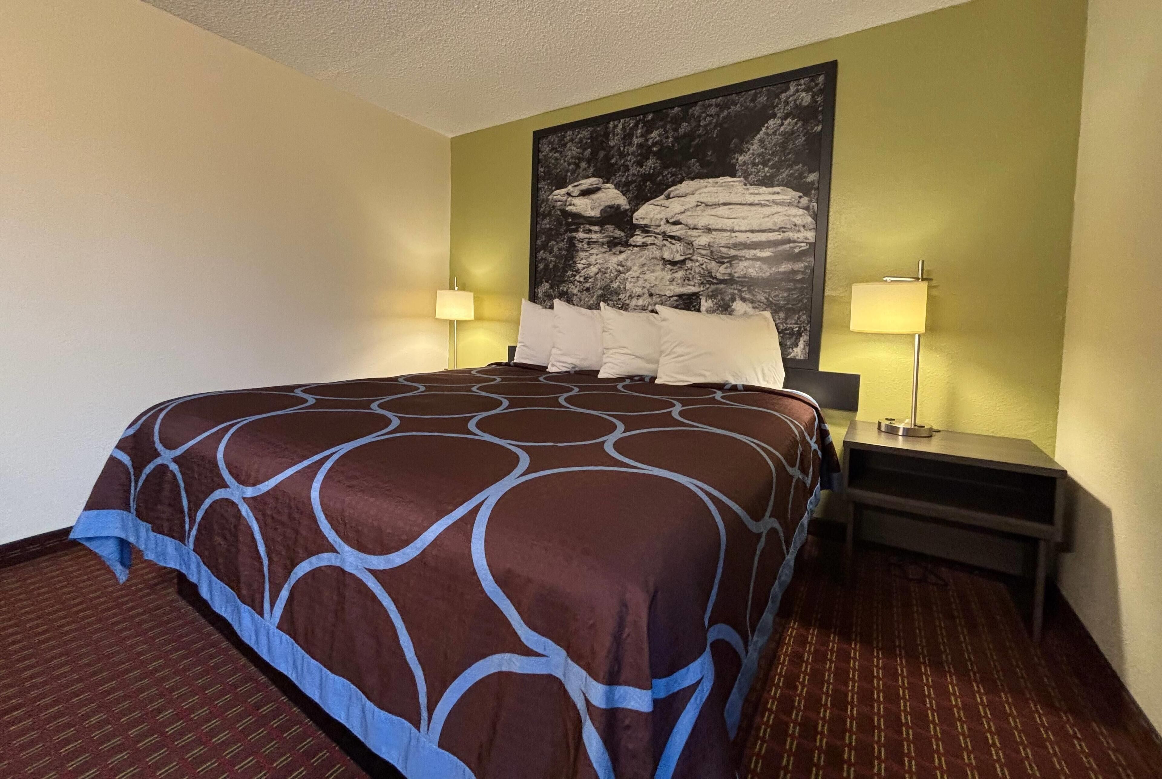 A hotel room with a large bed, two bedside lamps, and a framed picture on the wall.