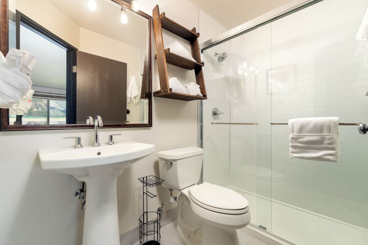 A modern bathroom with a white sink, toilet, and glass shower enclosure.