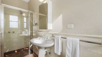 A bathroom with a glass shower enclosure, a white sink, and a mirror above the sink.