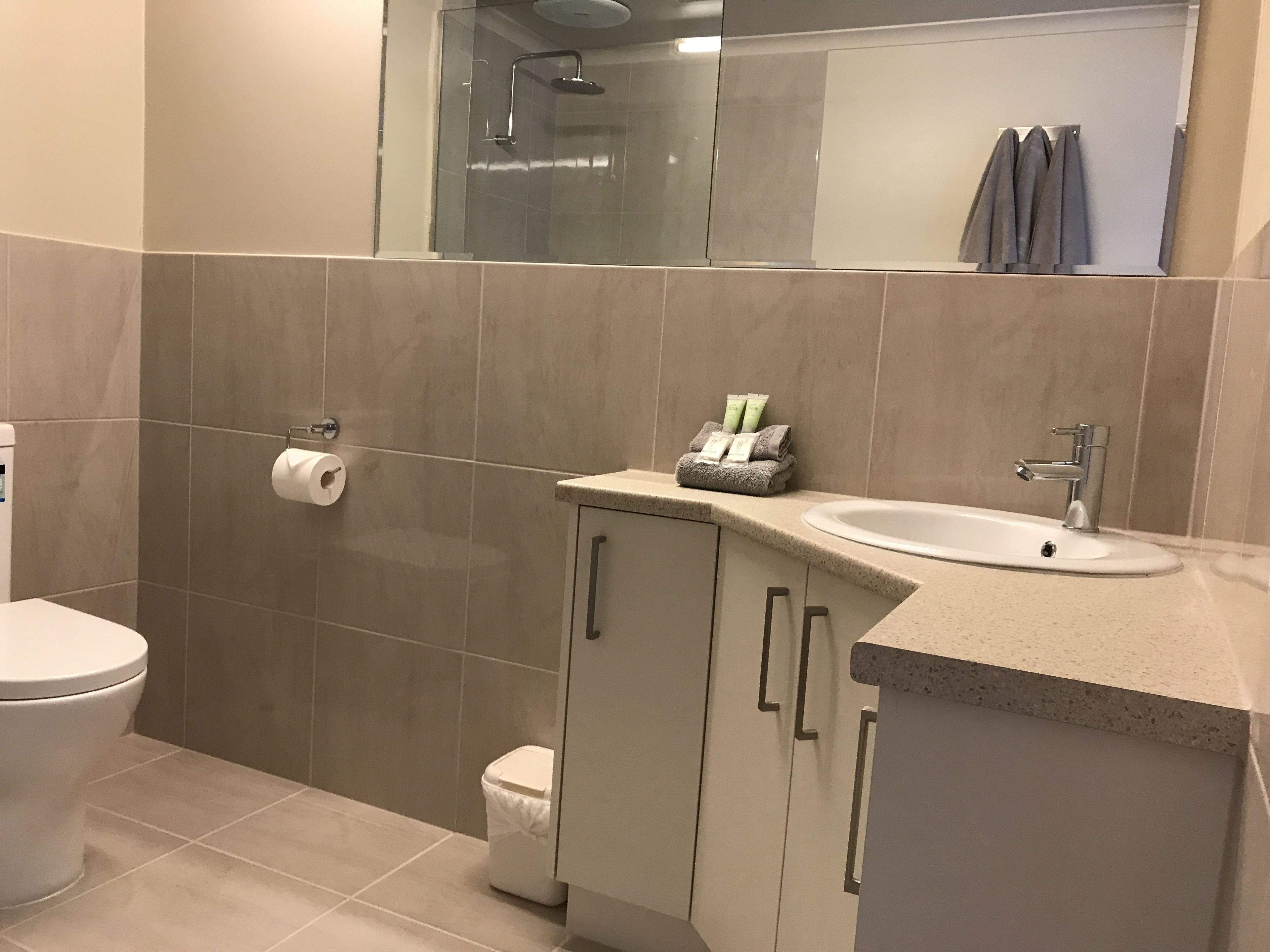 A bathroom with a toilet, sink, and shower.