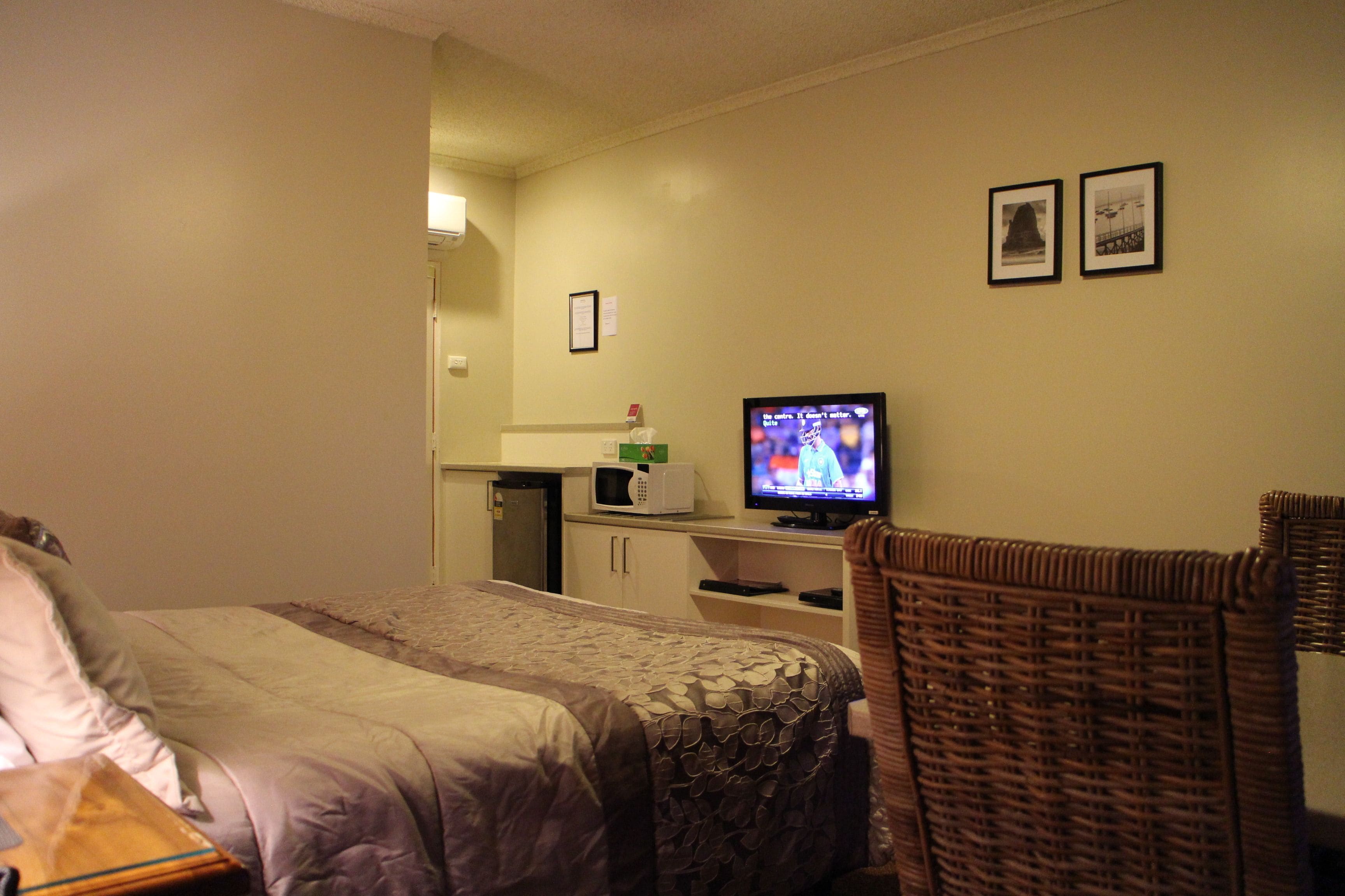 A hotel room with a bed, a television, a microwave, and a small kitchenette.
