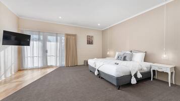 A modern bedroom with a large bed, a flat-screen TV, and a view of the outdoors.