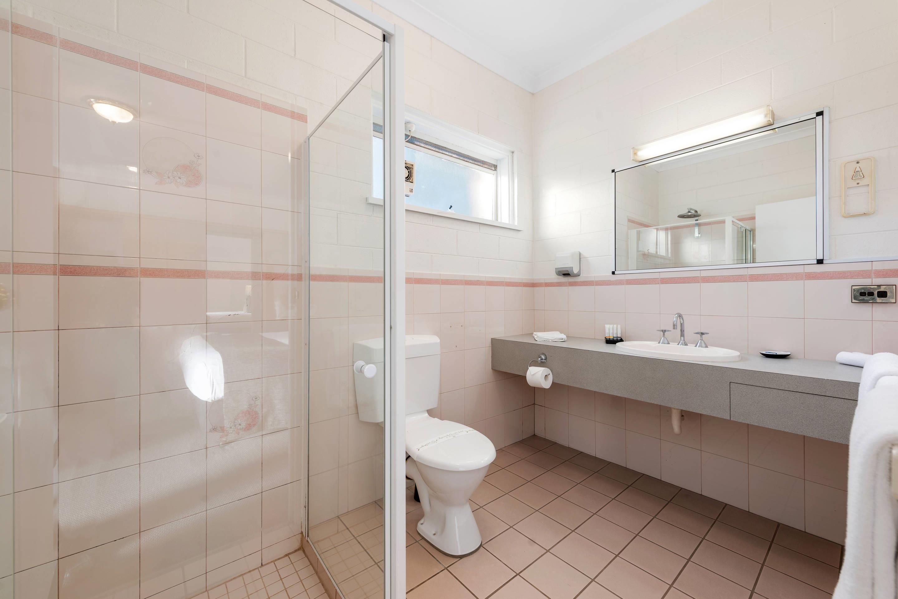 Une salle de bain avec une douche à parois de verre, des toilettes, un lavabo avec un miroir au-dessus et un porte-serviettes.