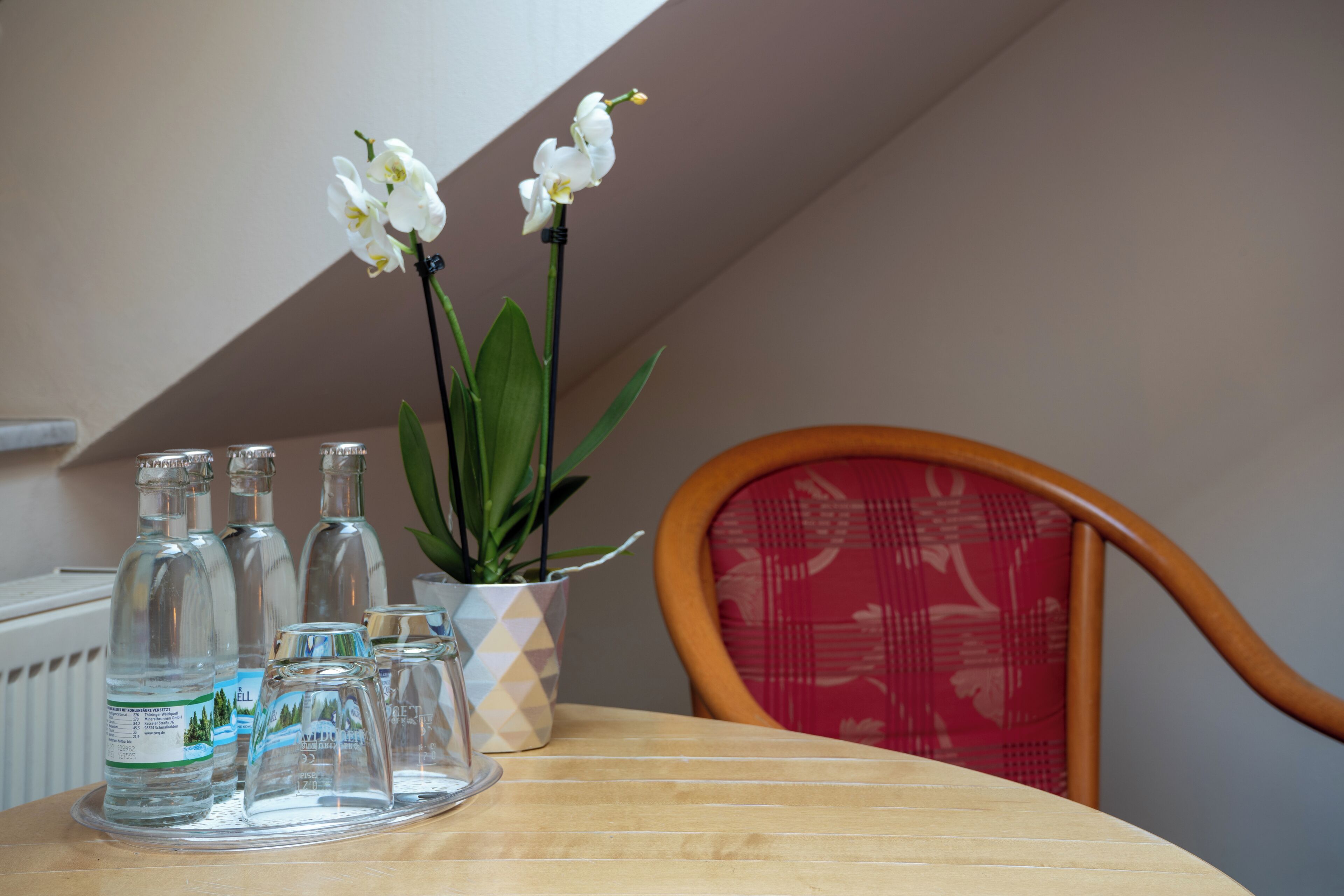 Ett bord med genomskinliga glasflaskor, en krukväxt och en stol med ett mönstrat sittdyn.