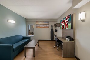 Suite, 2 Double Beds (Partial Ocean View, Smoke Free) | Desk, laptop workspace, blackout drapes, iron/ironing board