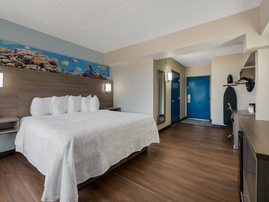 Een hotelkamer met een bed, een nachtkastje, een schilderij van een onderwaterlandschap, een deur en een bureau met een stoel.
