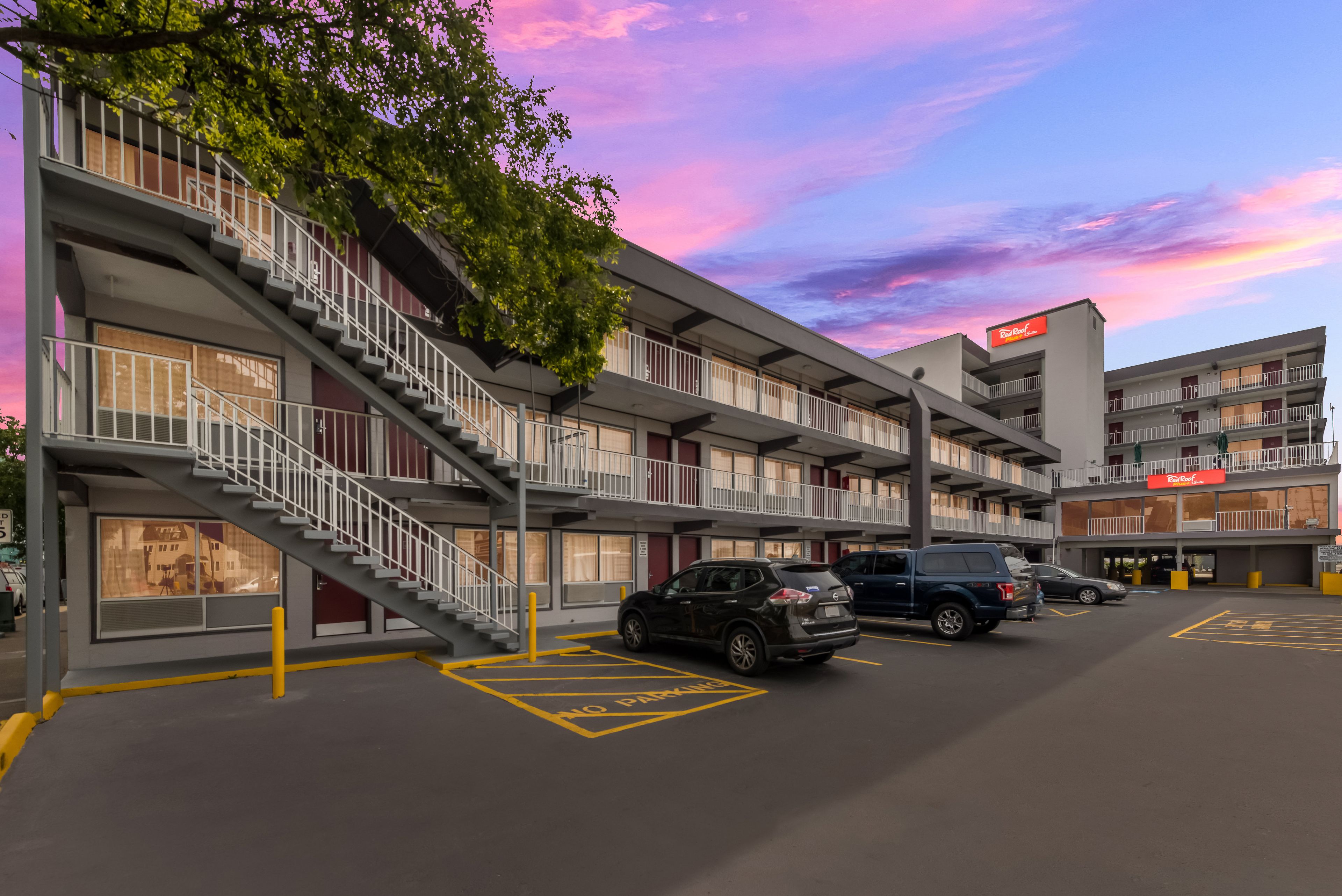 A multi-story parking garage with a 'No Parking' sign, a building with a 'Red Roof' sign, and a tree in the foreground.