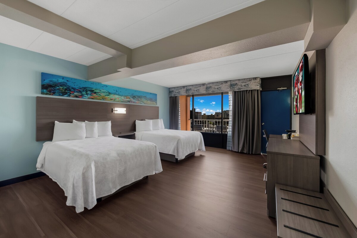 Premium Room, 2 Double Beds, Partial Ocean View (Upgraded Bedding,Snack Box,Smoke Free) | Desk, laptop workspace, blackout drapes, iron/ironing board