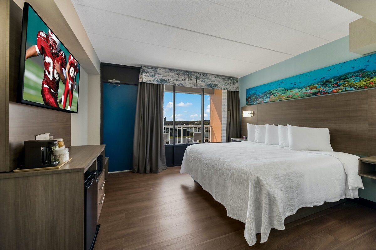 A hotel room with a large bed, a flat-screen TV mounted on the wall, a view of the city through the window, and a mural of an underwater scene on the wall.