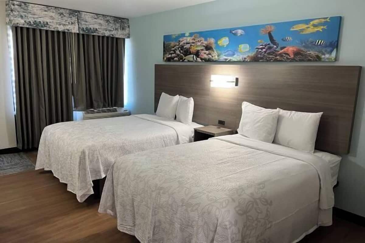 Desk, laptop workspace, blackout curtains, iron/ironing board