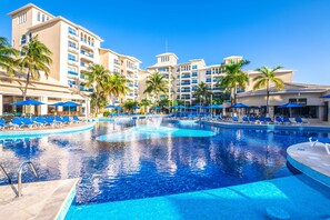 Outdoor pool, pool umbrellas, pool loungers