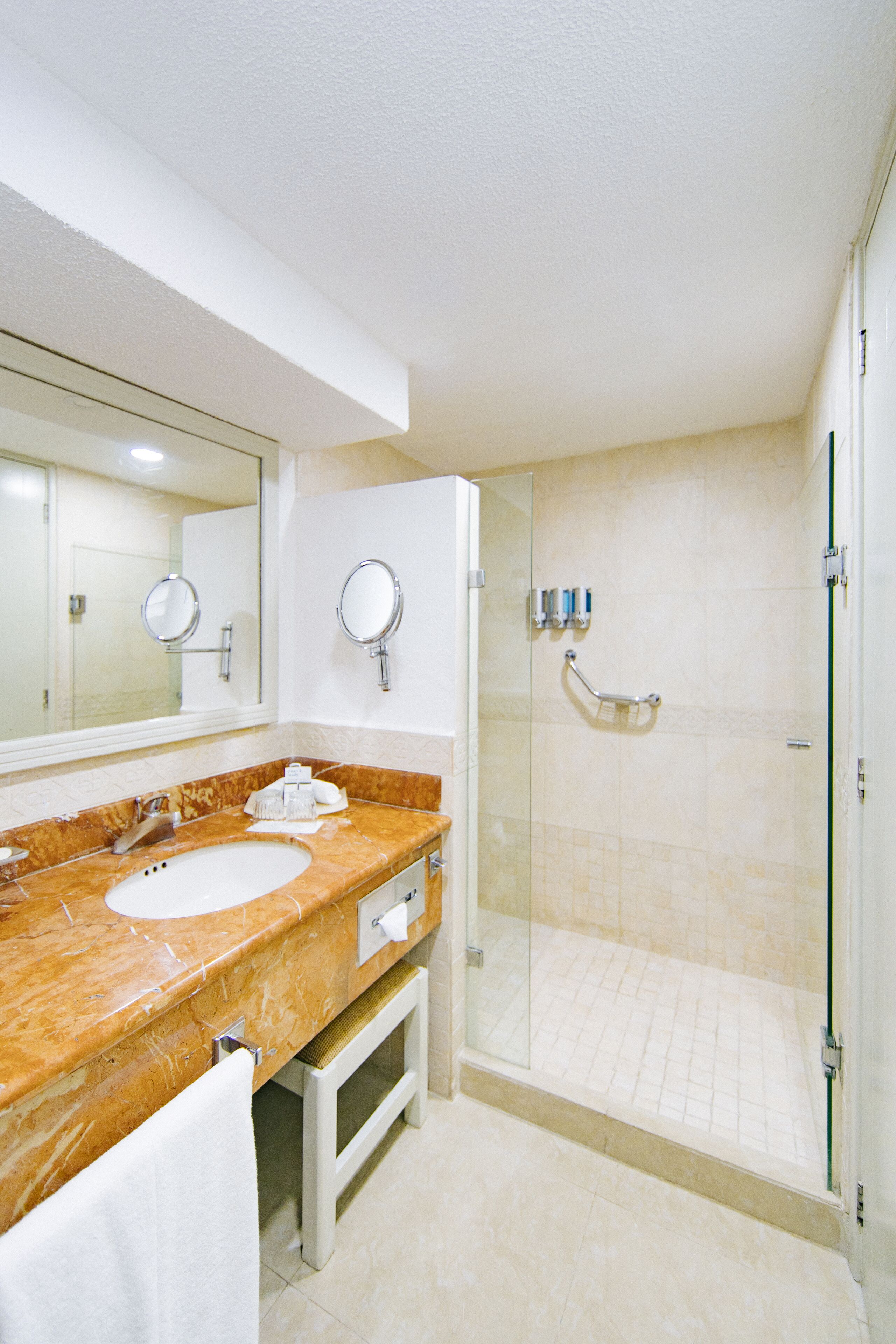 Une salle de bain avec un lavabo en marbre, un grand miroir, une cabine de douche en verre et un porte-serviettes.