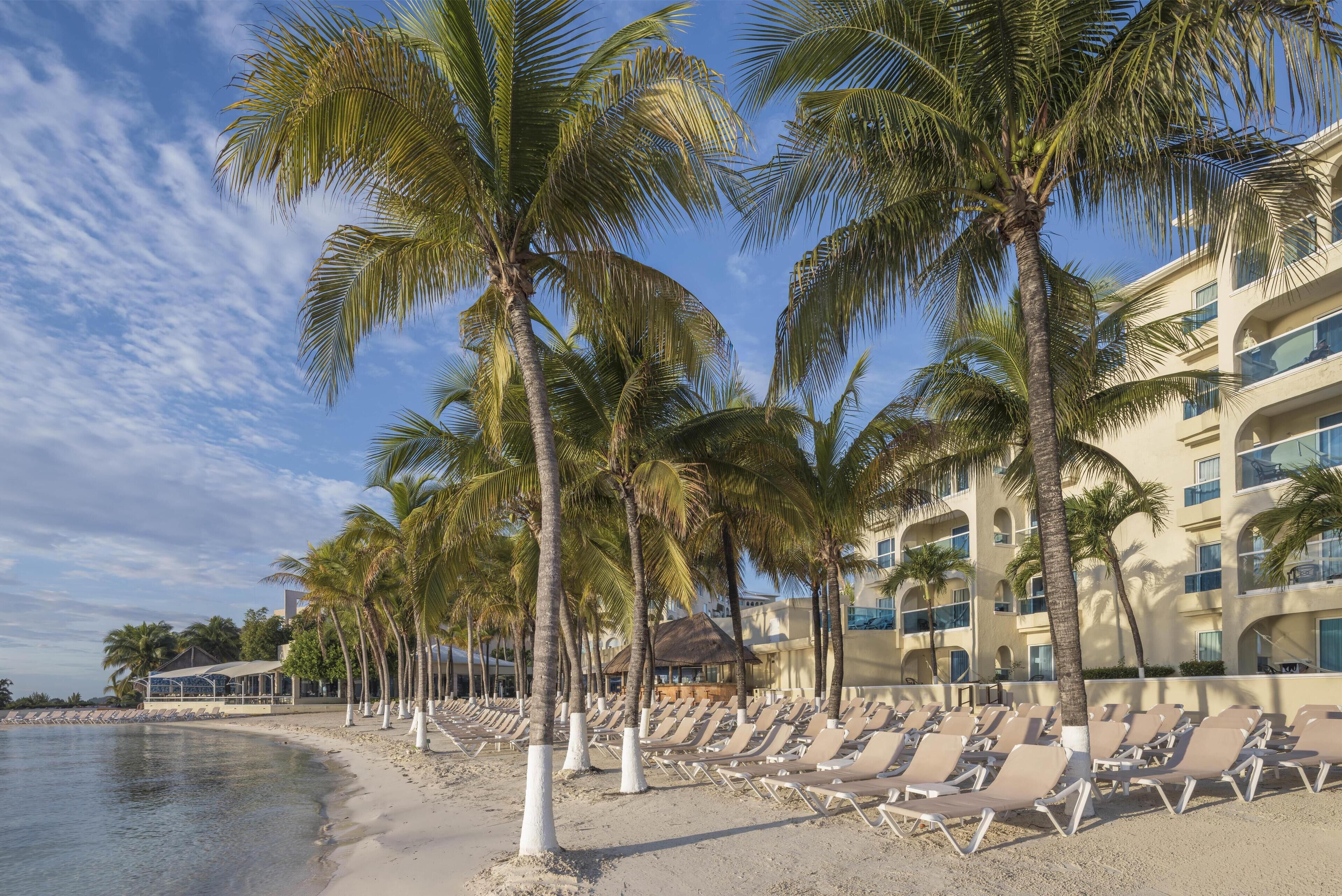 On the beach, white sand, sun loungers, beach umbrellas