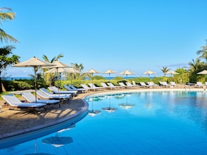Indoor pool, seasonal outdoor pool, pool umbrellas
