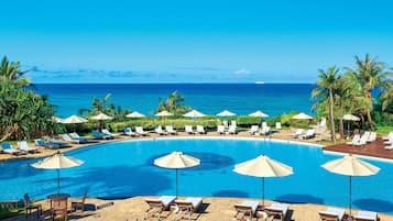 Indoor pool, seasonal outdoor pool, pool umbrellas