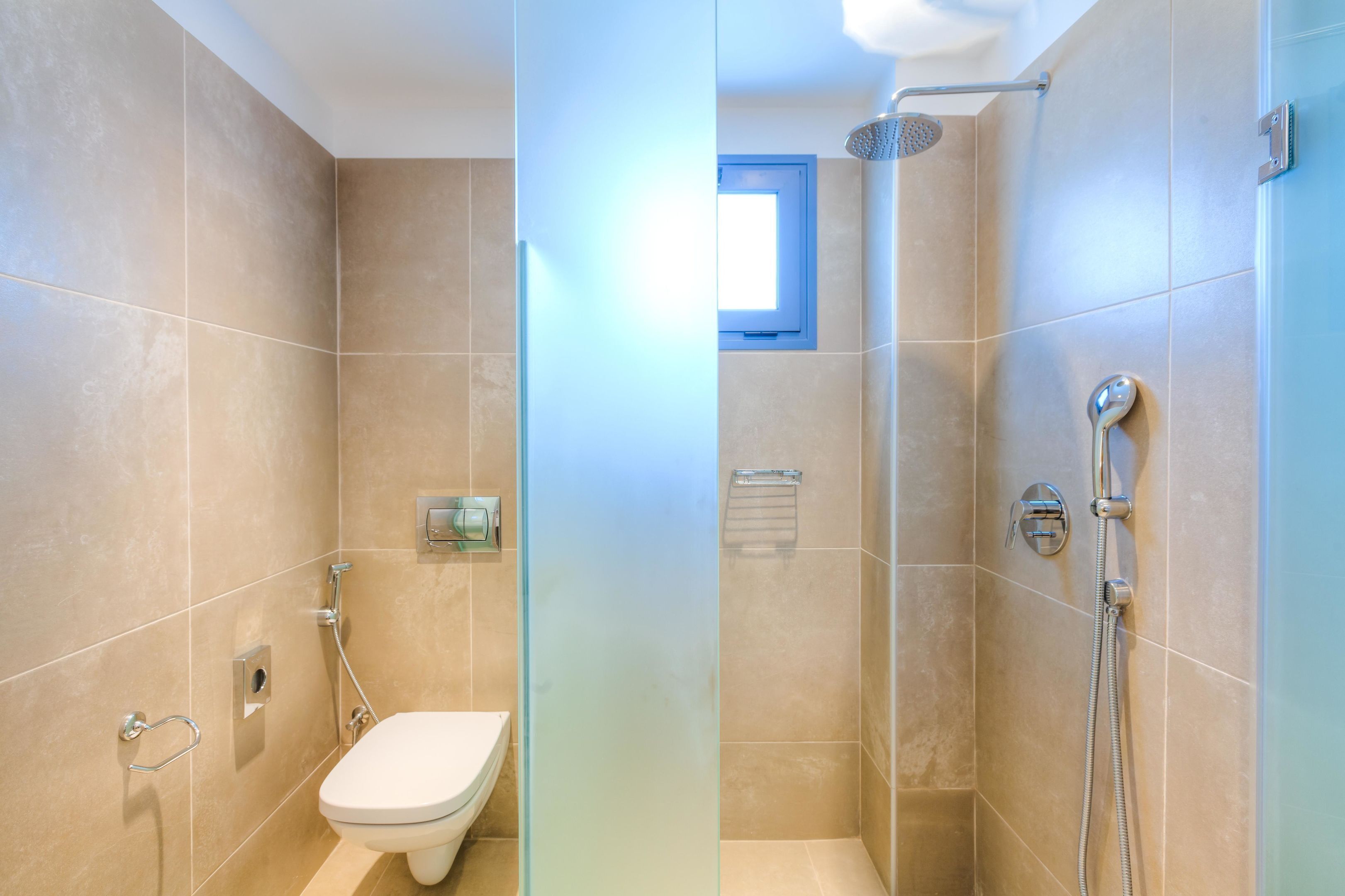 A bathroom with a toilet, a shower, and a glass partition.