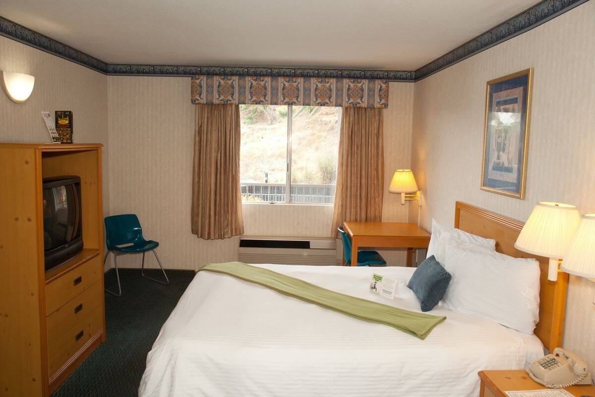 A hotel room with a bed, a desk, a chair, a TV, and a window with curtains.