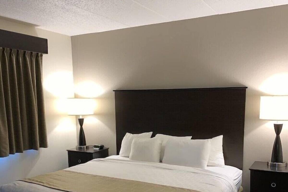 A hotel room with a large bed, two bedside tables with lamps, a dark headboard, and a brown carpet.