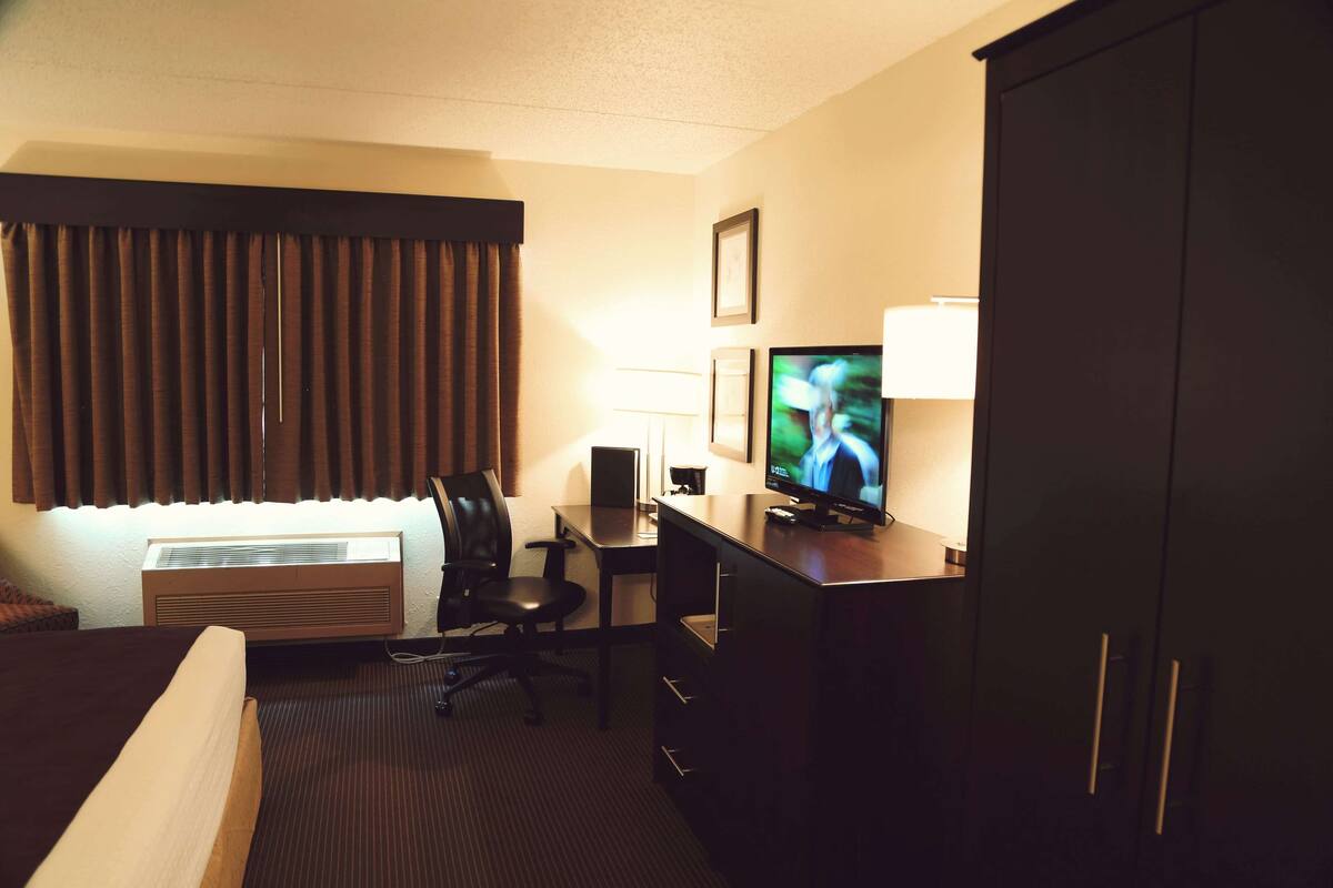 A hotel room with a bed, desk, chair, television, and wardrobe.