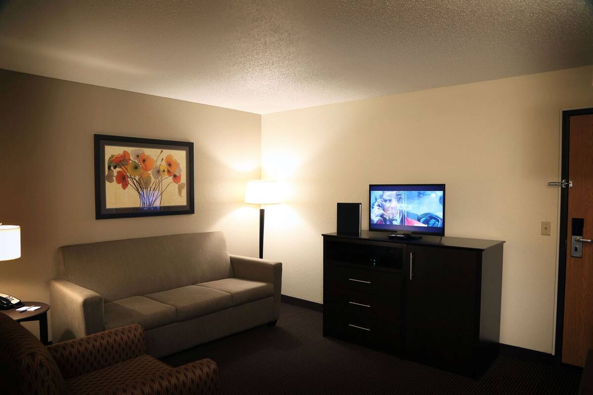 A hotel room with a sofa, a television on a cabinet, a lamp, and a framed picture on the wall.