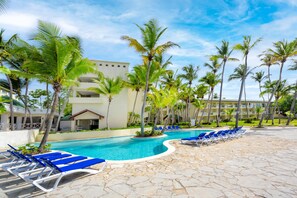 2 outdoor pools, open 7:00 AM to 7:00 PM, pool umbrellas, pool loungers