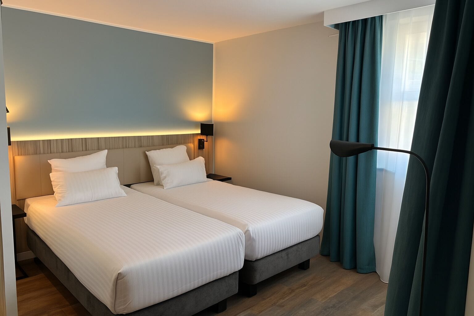 Una habitación de hotel con dos camas, una mesita de noche, una lámpara y una ventana con cortinas.