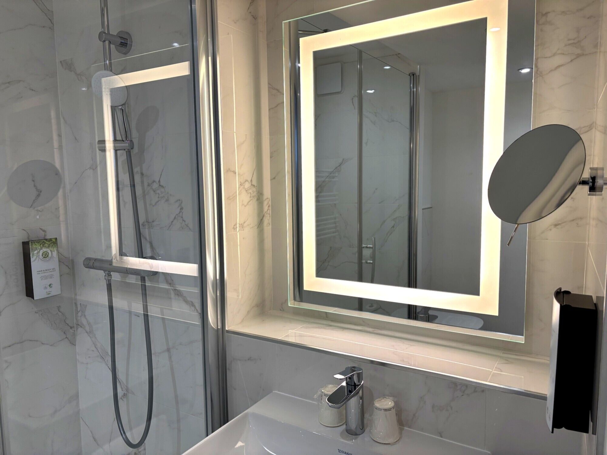 shower, rainfall showerhead, eco-friendly toiletries, hair dryer